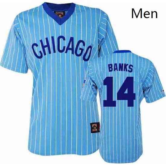 Mens Majestic Chicago Cubs 14 Ernie Banks Replica BlueWhite Strip Cooperstown Throwback MLB Jersey